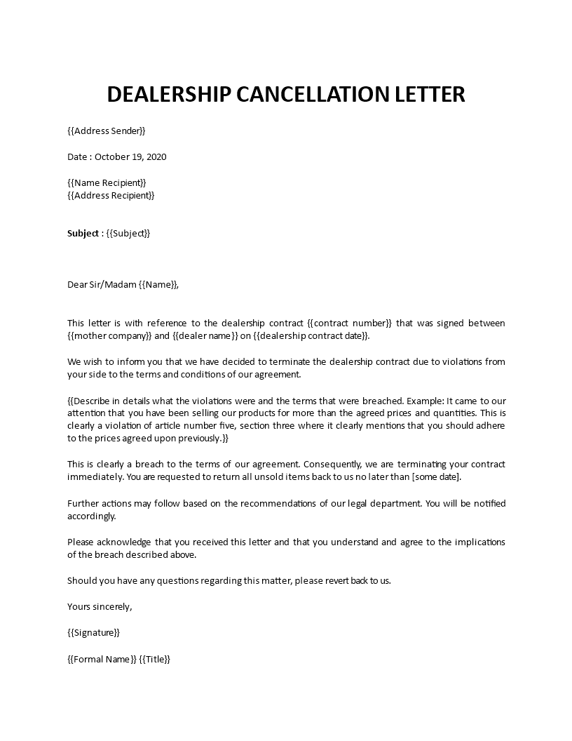 dealership cancellation letter