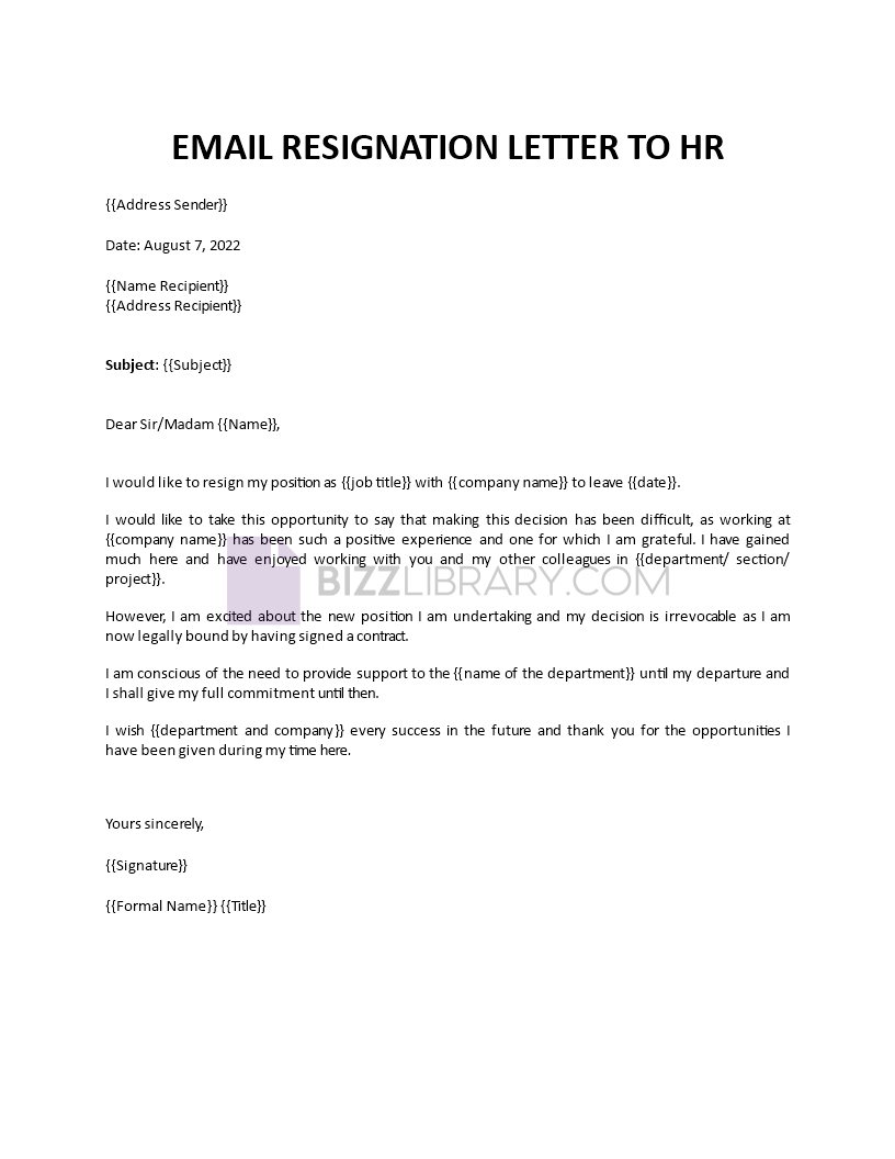 email resignation letter to hr template