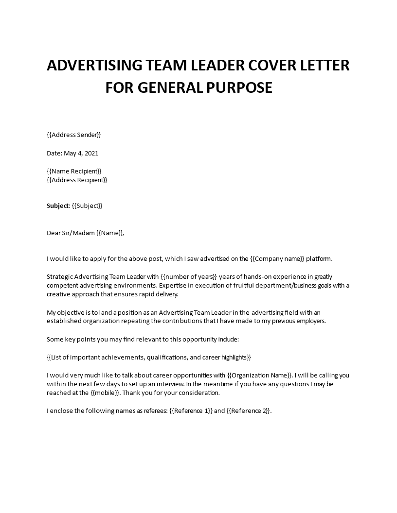 advertising team leader cover letter 