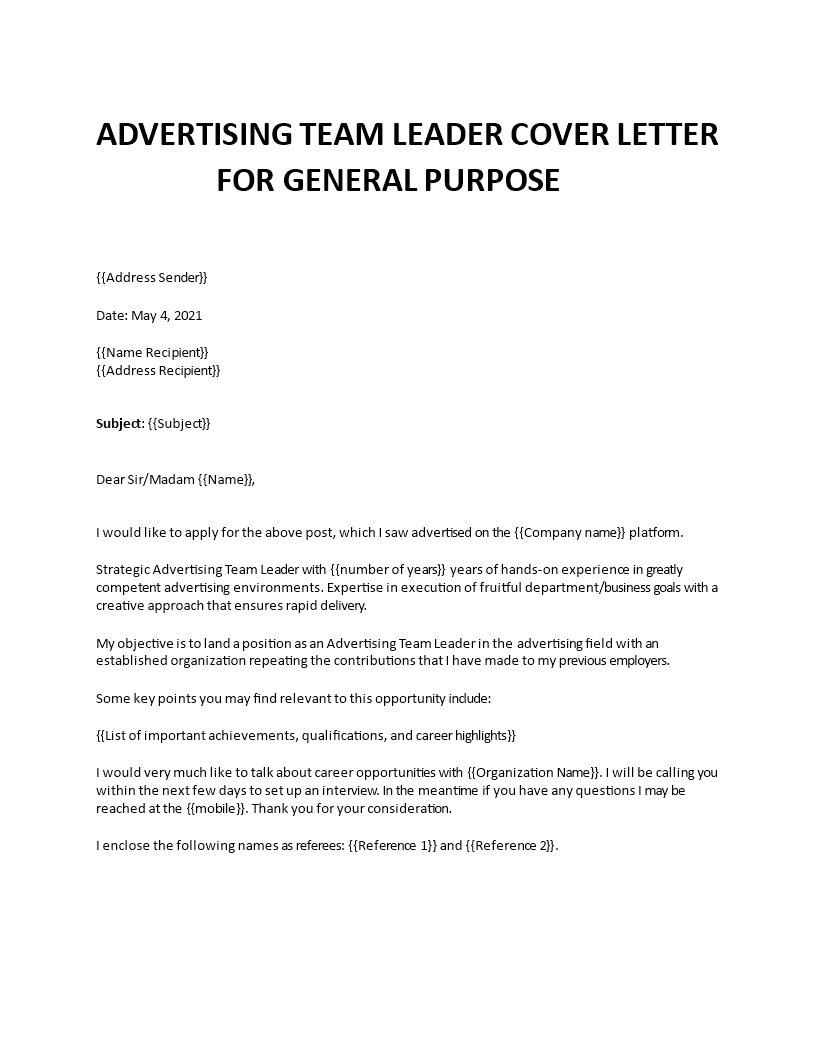 advertising team leader cover letter