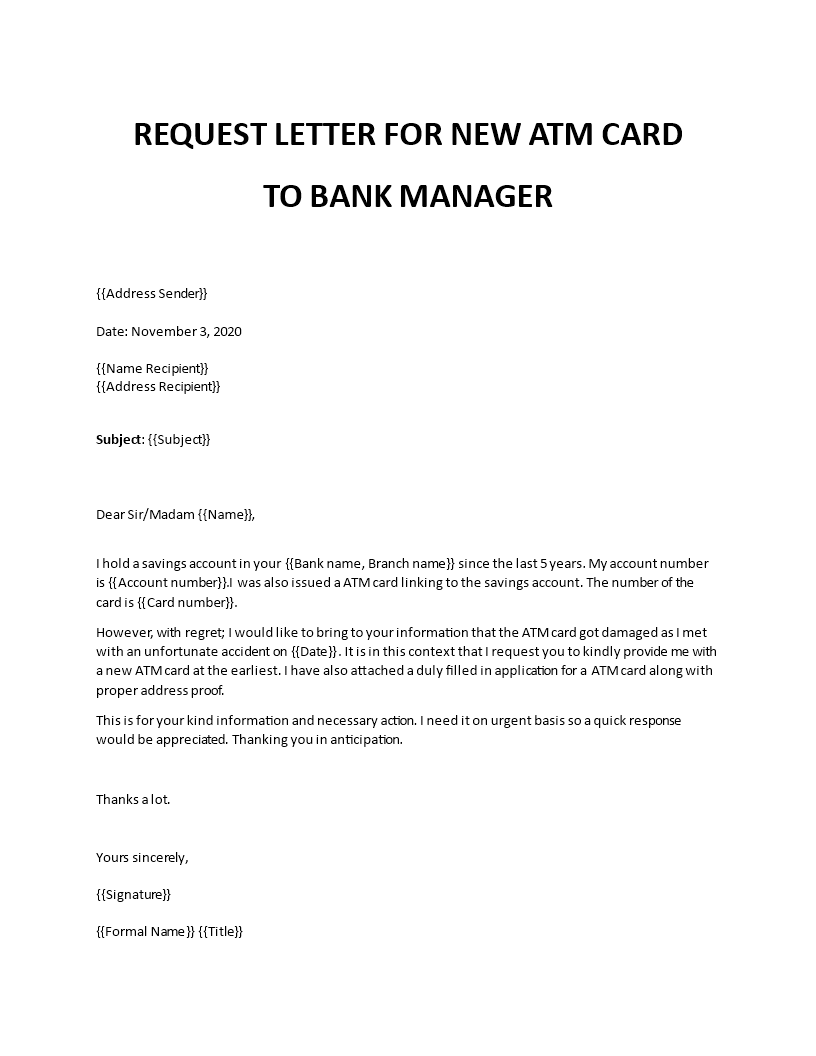 how to write a letter to bank manager for applying atm card