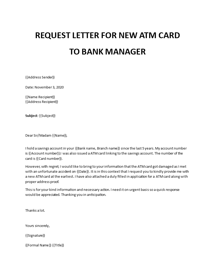 application letter to a bank for new atm card