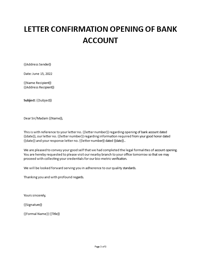 bank account confirmation letter template