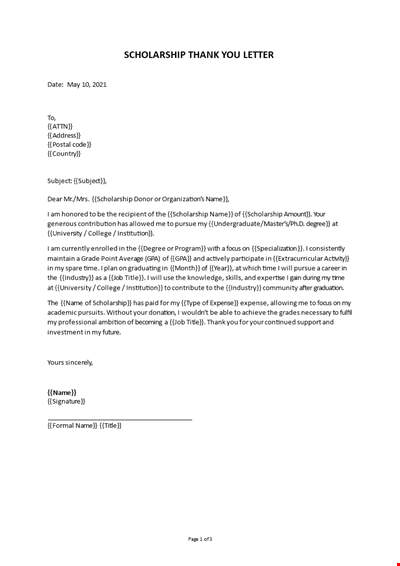 Scholarship thank you letter template
