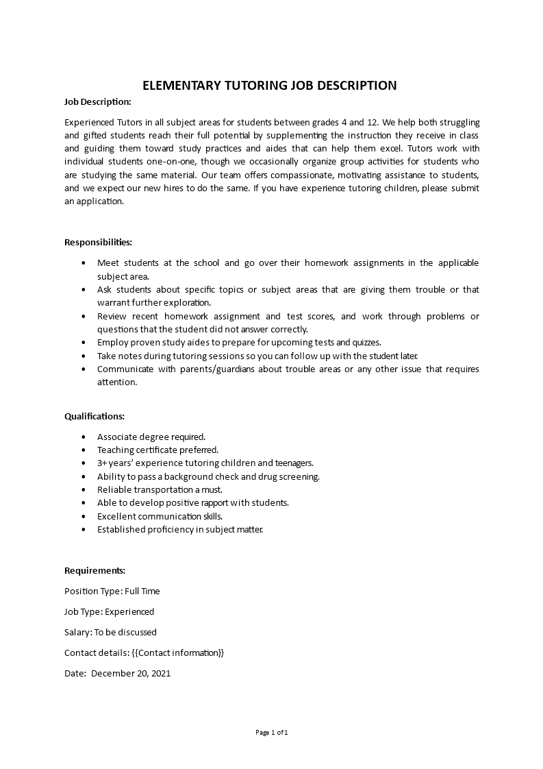 elementary tutoring job description Main Image elementary tutoring job description