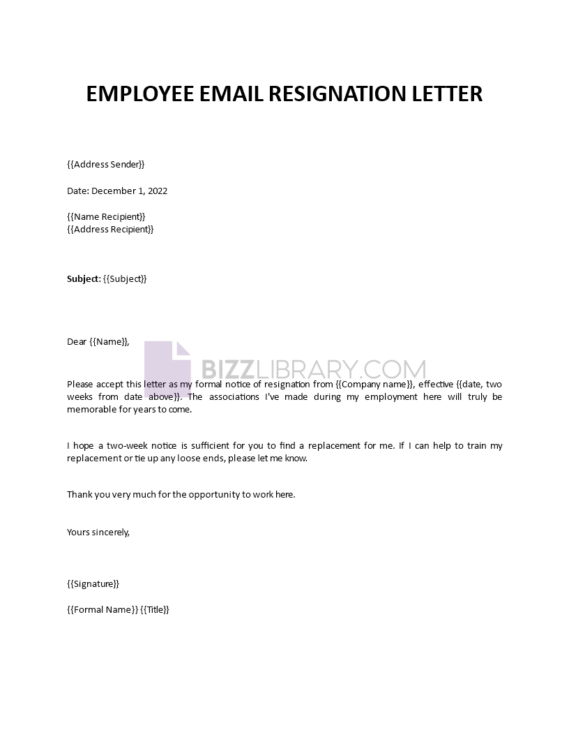 resignation letter by email template