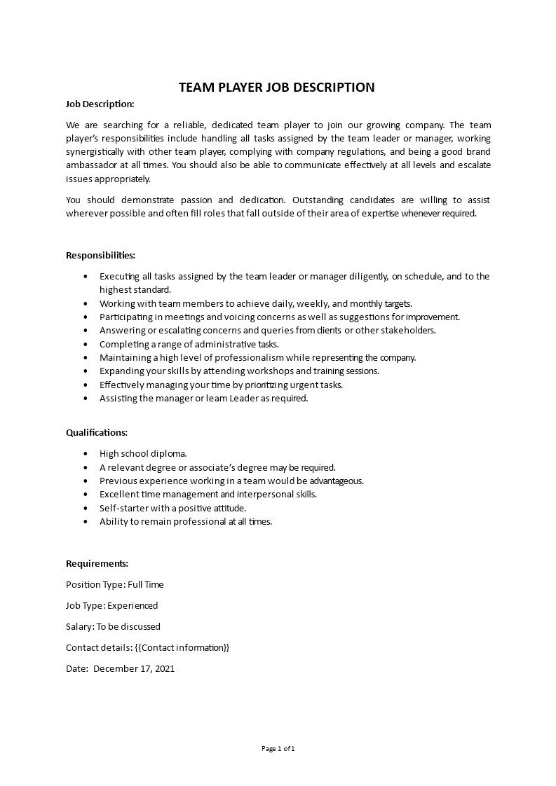 team player job description Main Image team player job description