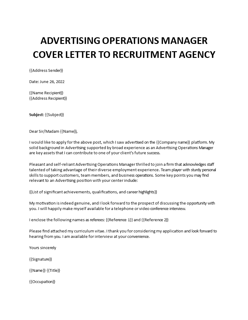 operations manager advertising cover letter Main Image operations manager advertising cover letter template