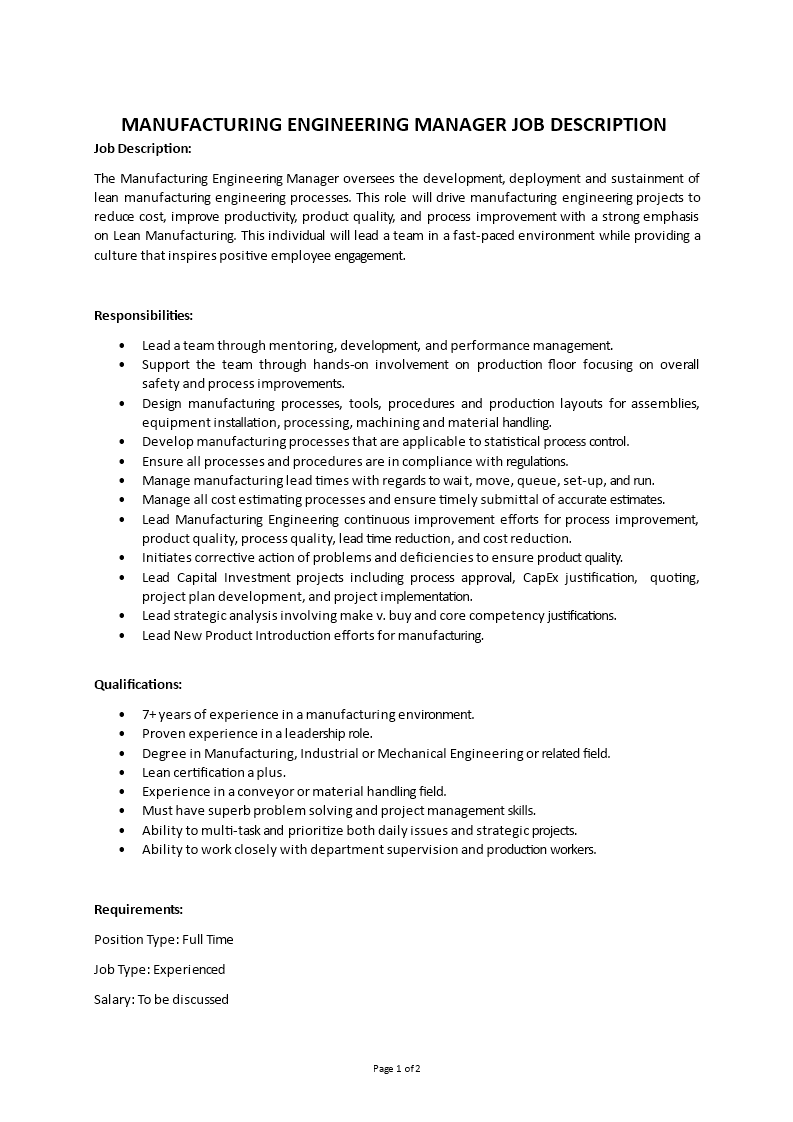 manufacturing engineering manager job description