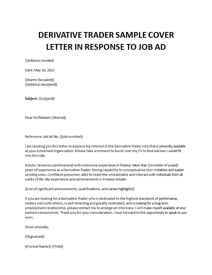 derivative trader application letter