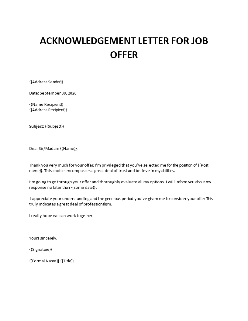 Acknowledgement letter for job offer