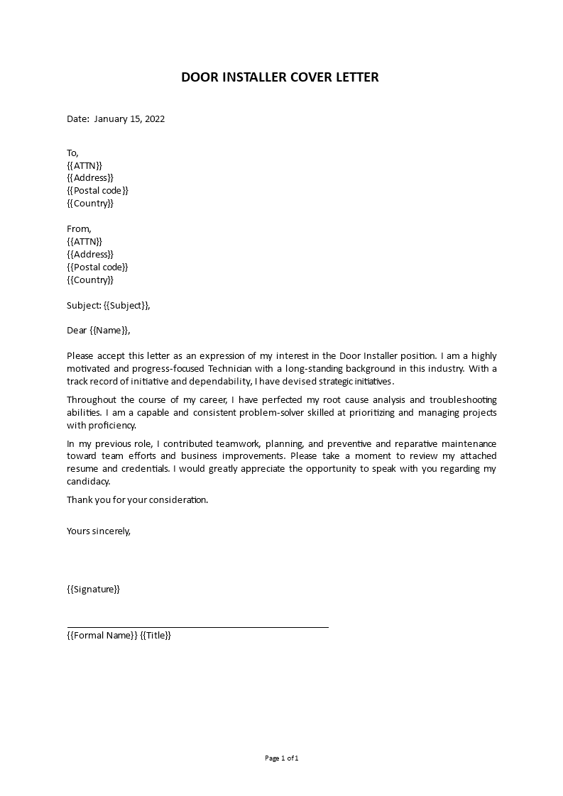 door installer cover letter