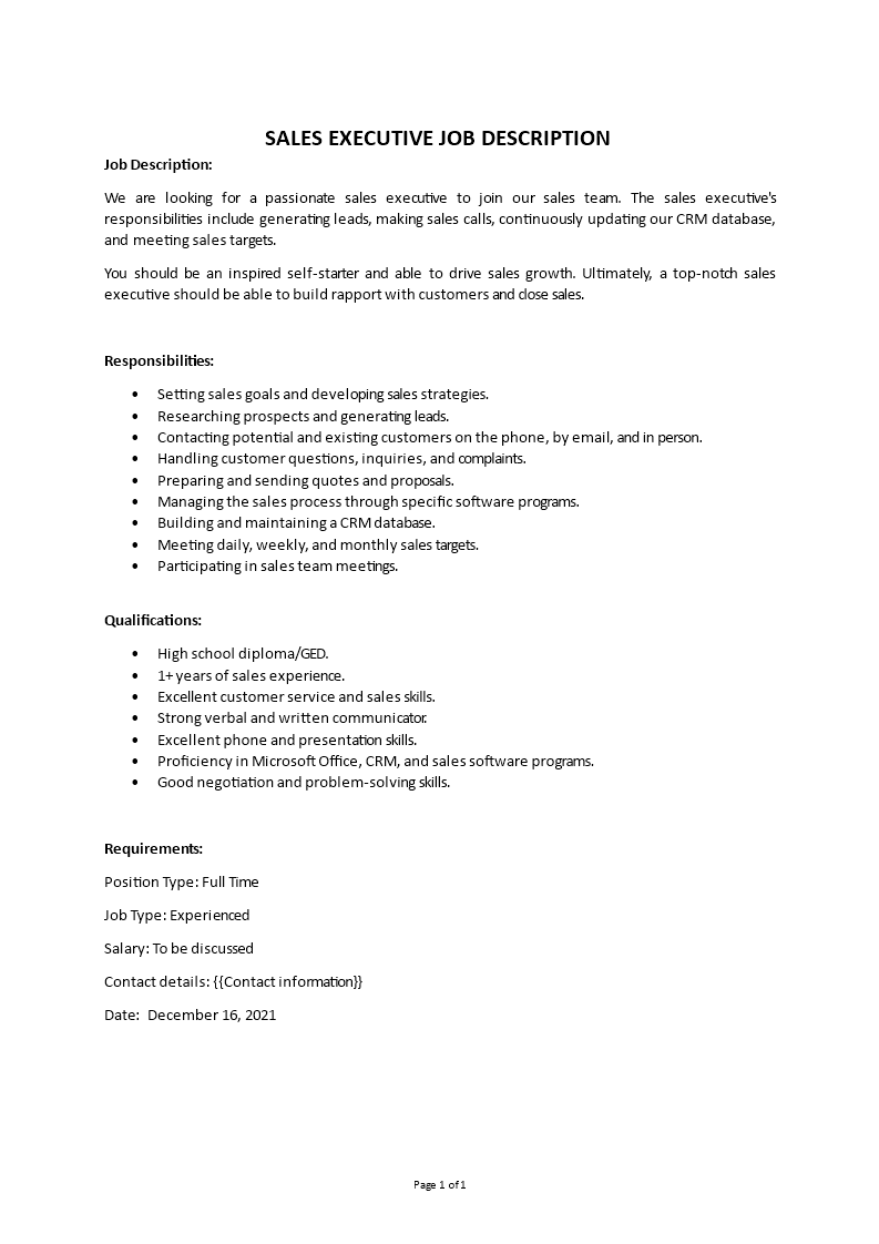 Sales Executive Job Description
