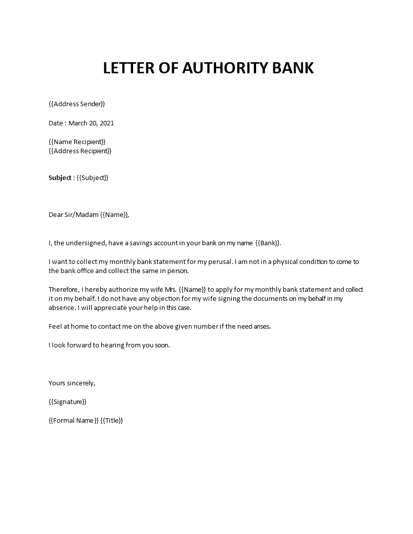 Bank authorization letter sample