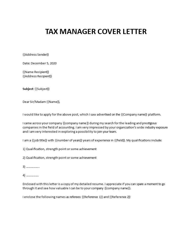 tax manager job application letter