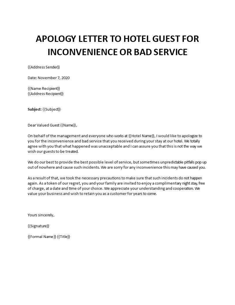 Apology Letter to Hotel Guest for inconvenience