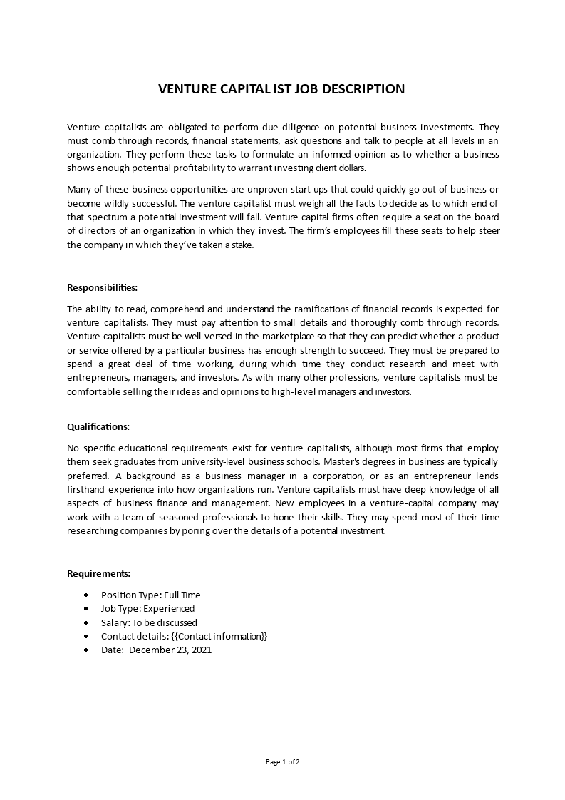 venture capitalist job description