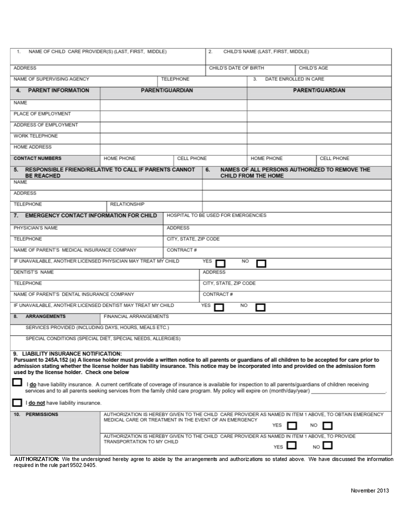 child care arrangement format example