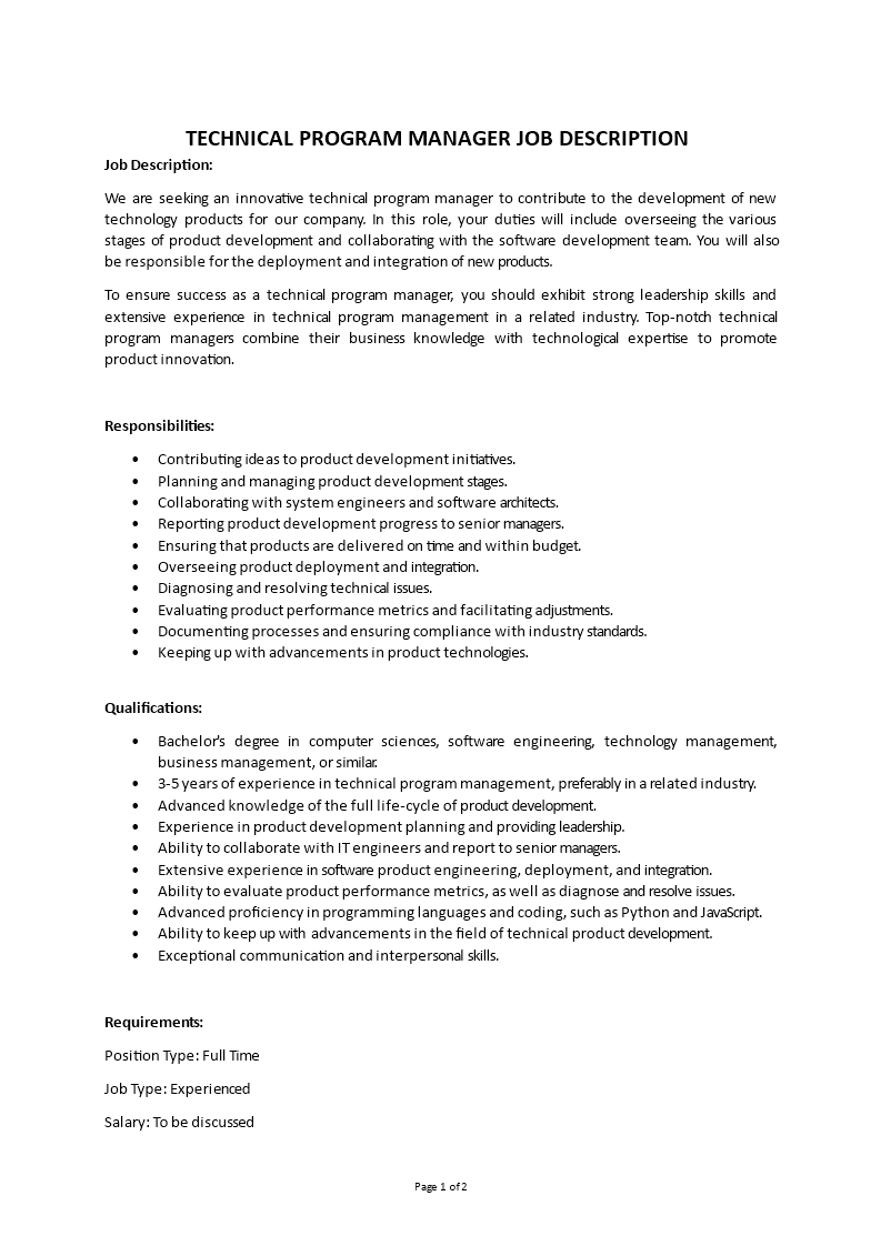 program manager job description Main Image program manager job description template