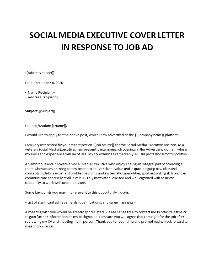 social media executive cover letter  template