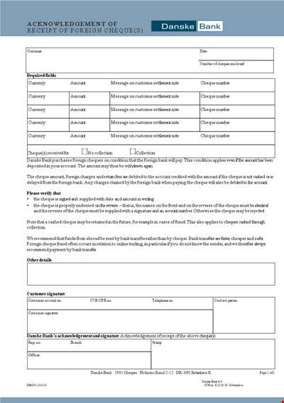 Acknowledging Cheques from Customers: Confirming the Amount Received