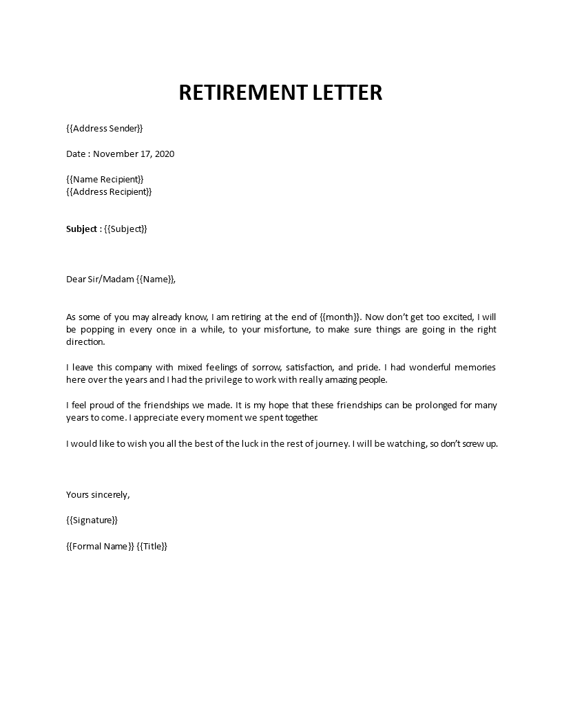 simple retirement letter template
