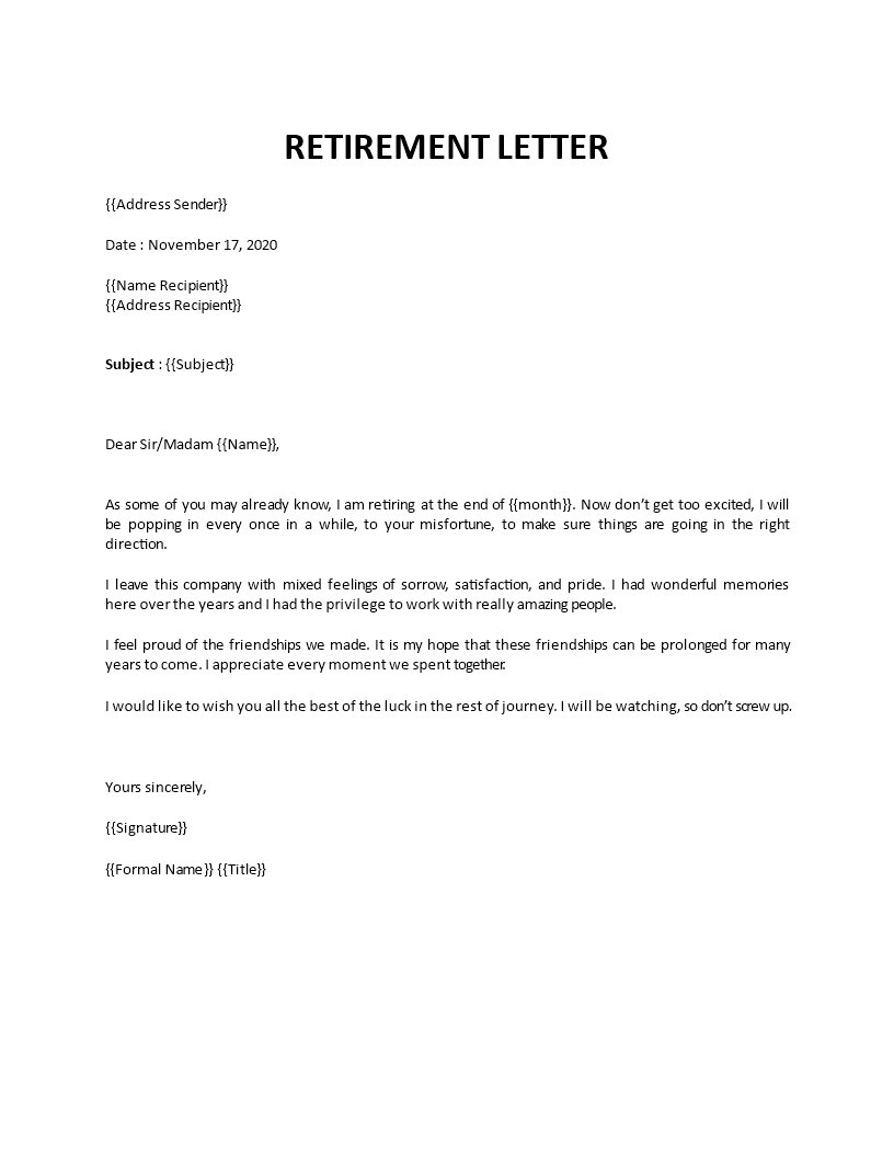 Sample Of Retirement Letter