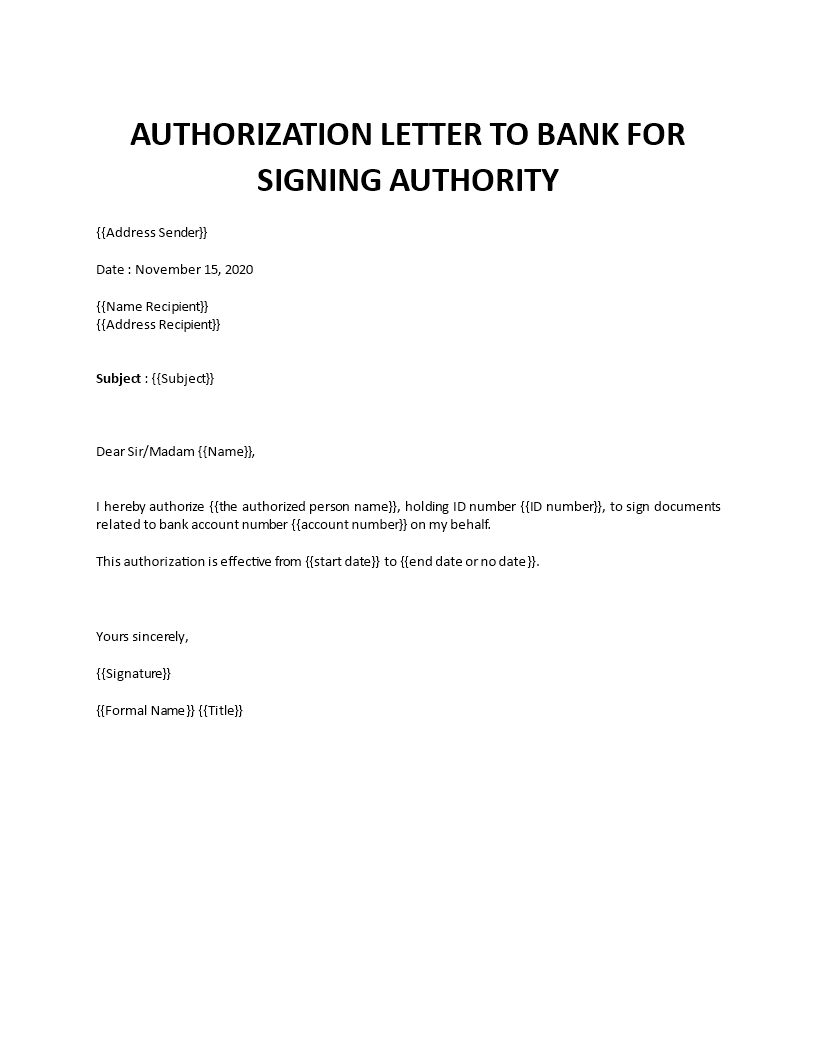 bank signature authorization letter template