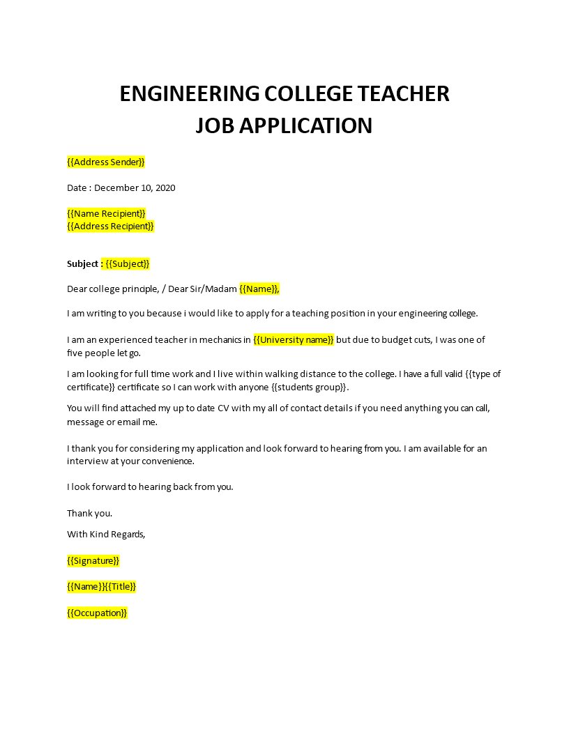 applying as a teacher in engineering college template