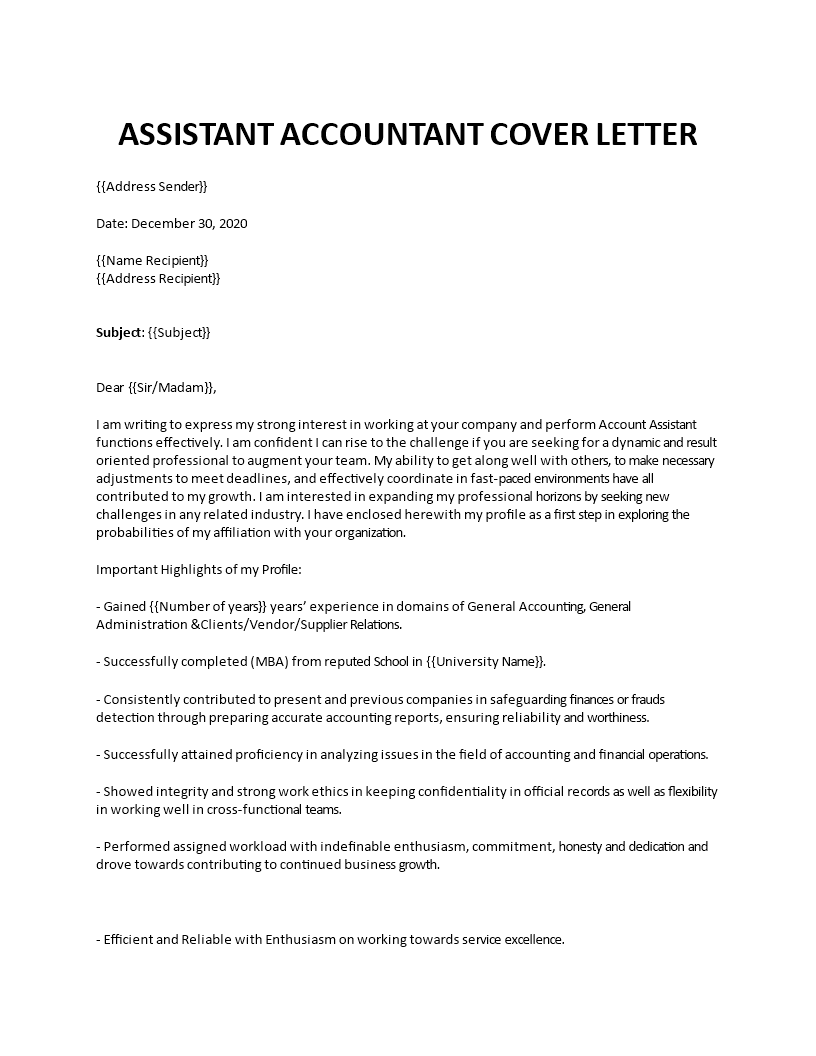 assistant accountant cover letter