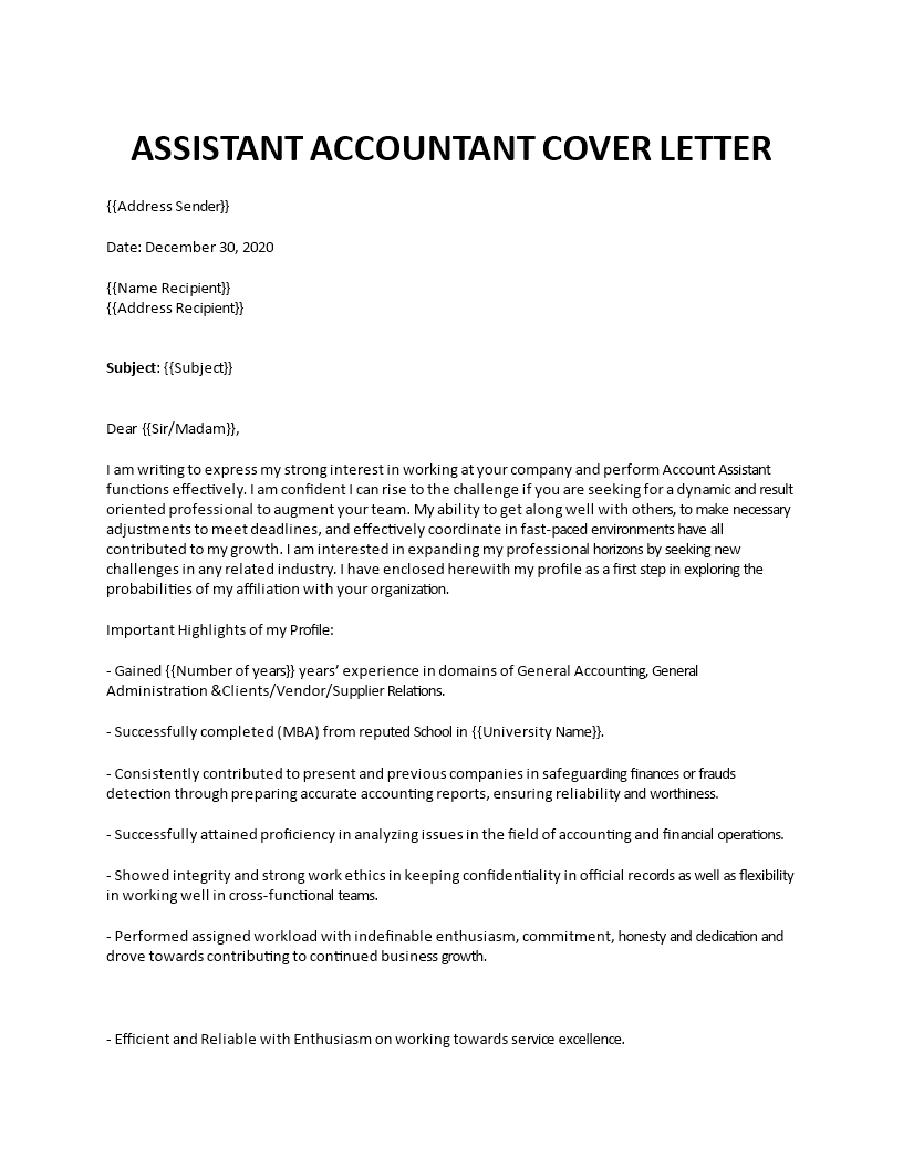 sample job application letter for accounts assistant