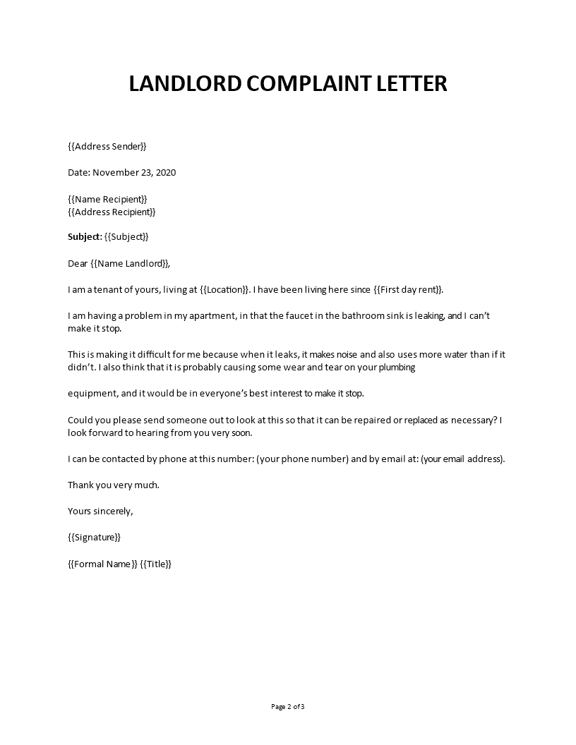 Complaint letter to landlord