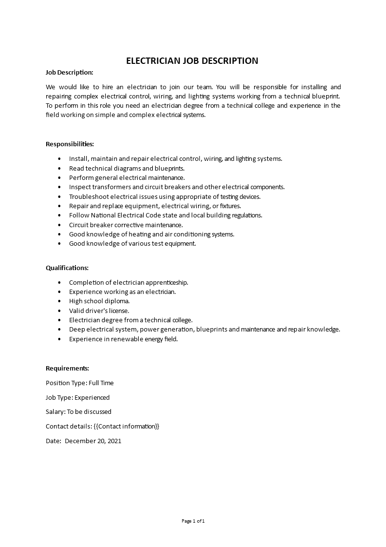 electrician job description