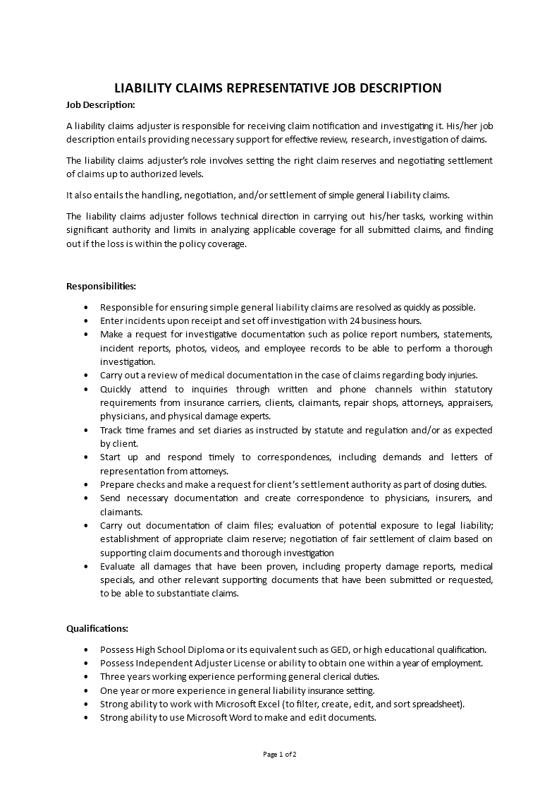 liability claims representative job description template