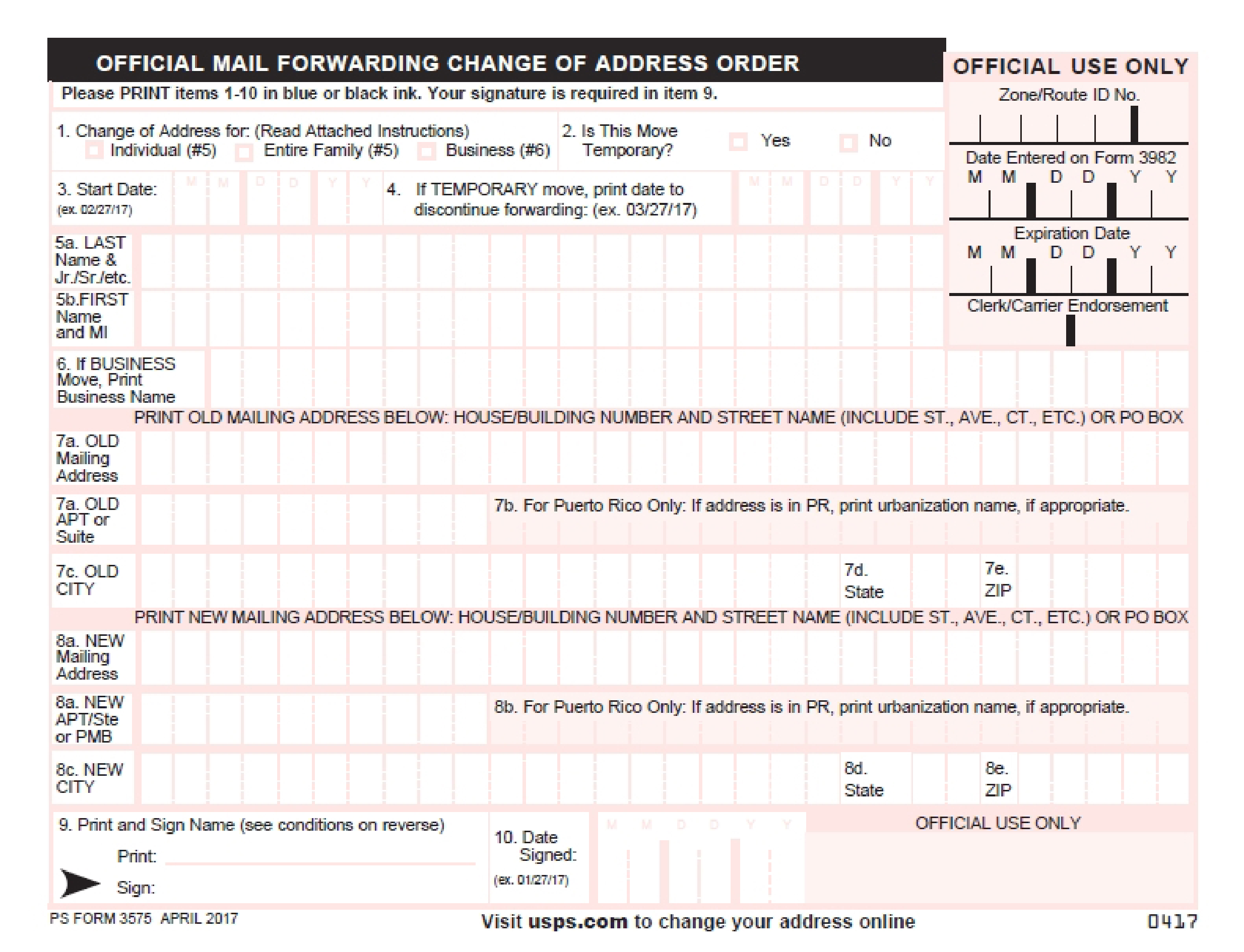 official mail forwarding change of address (ps form 3575) template