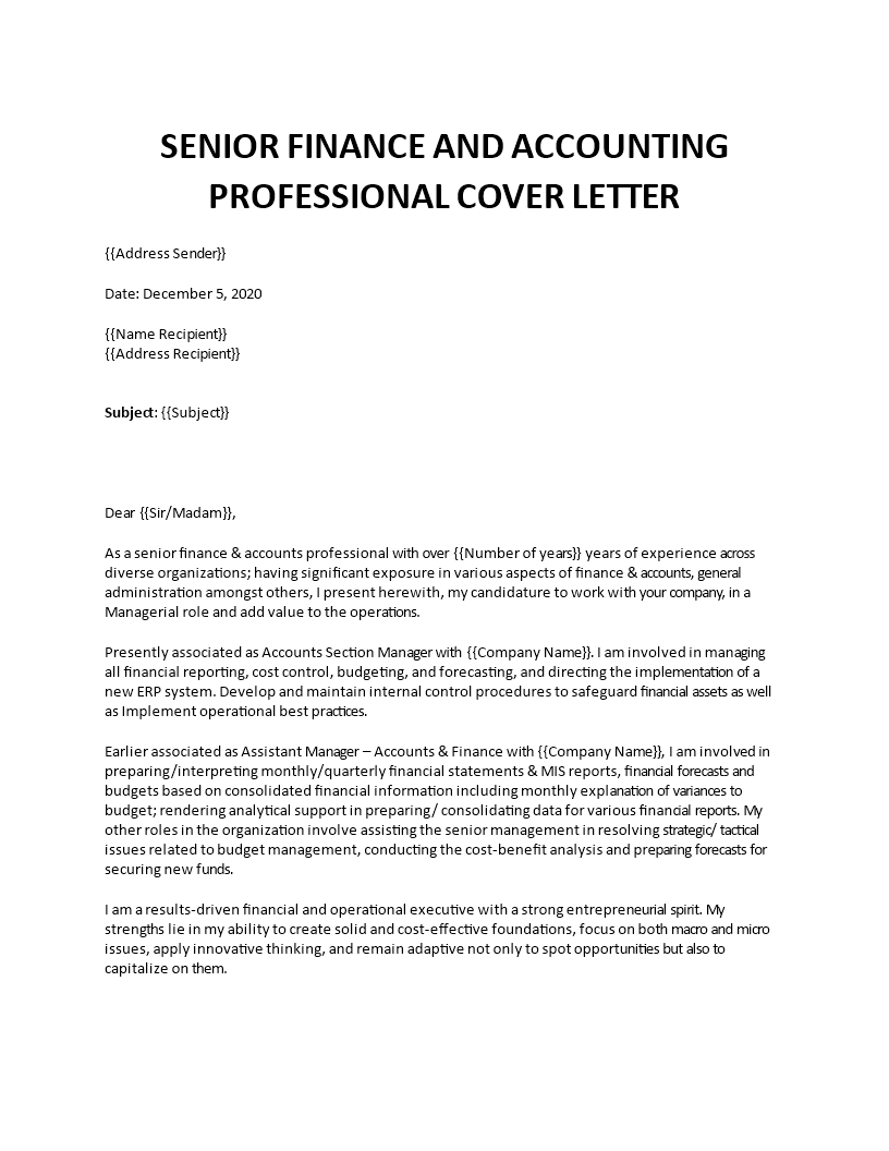 senior finance & accounts professional cover letter template