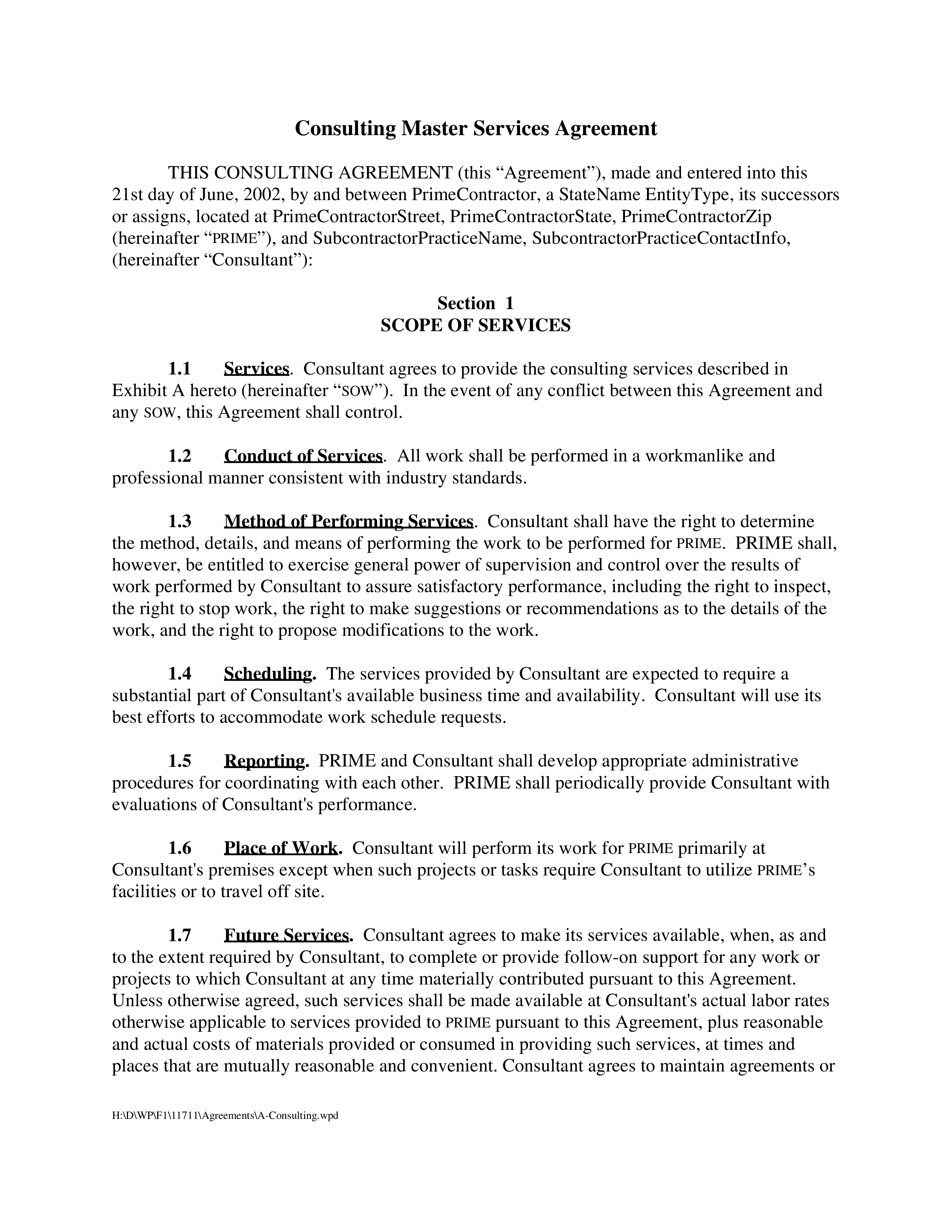 Consultant Services Master Agreement Prime Consultant Agreement Consultant Services Master Agreement Prime Consultant Agreement
