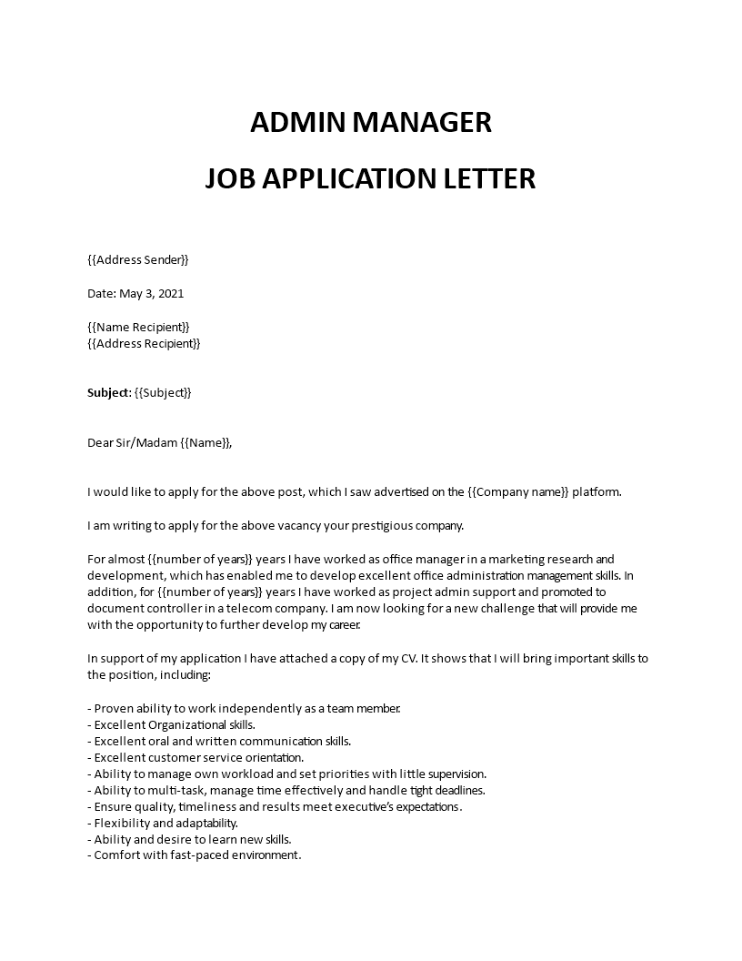 Administrative manager cover letter