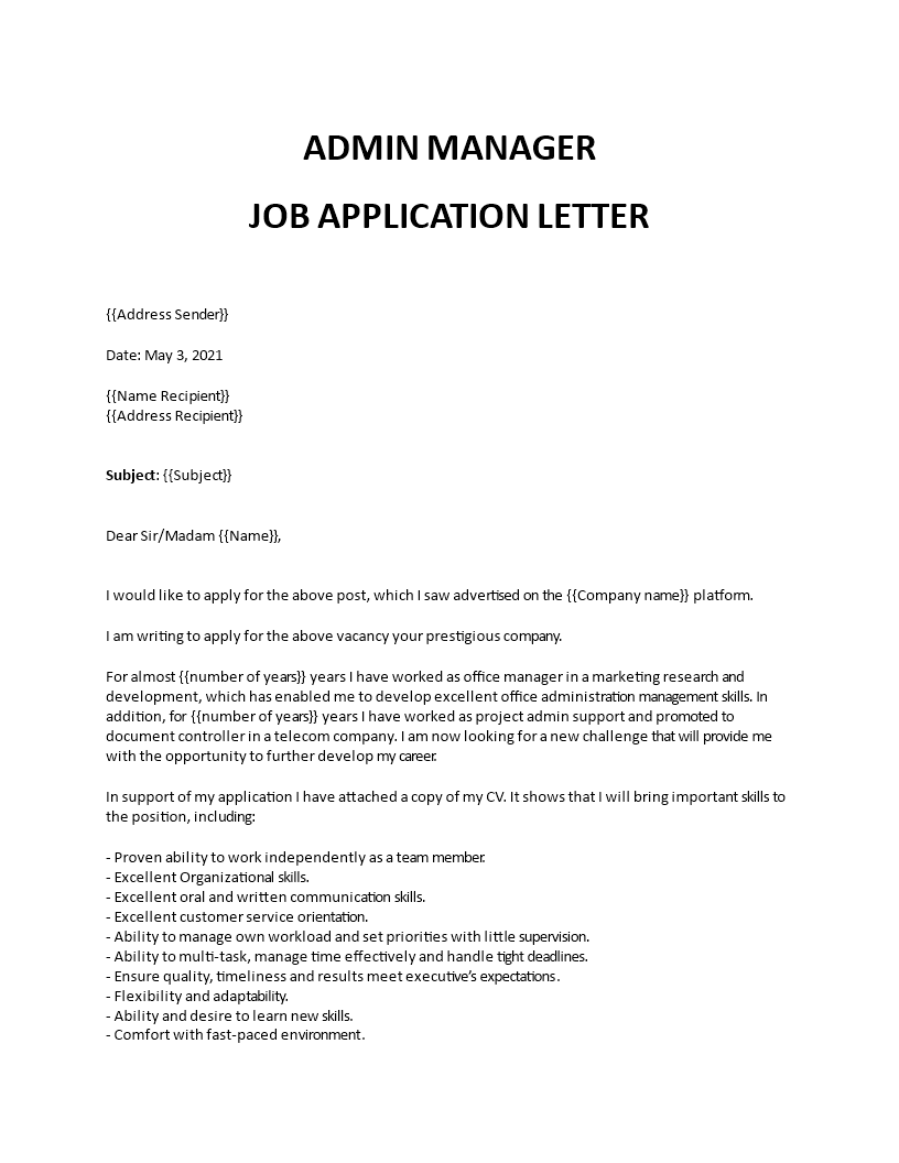 Administrative Manager Cover Letter