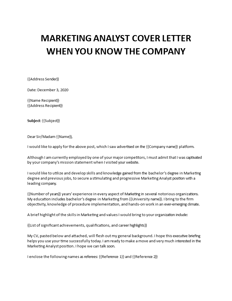 marketing analyst cover letter template