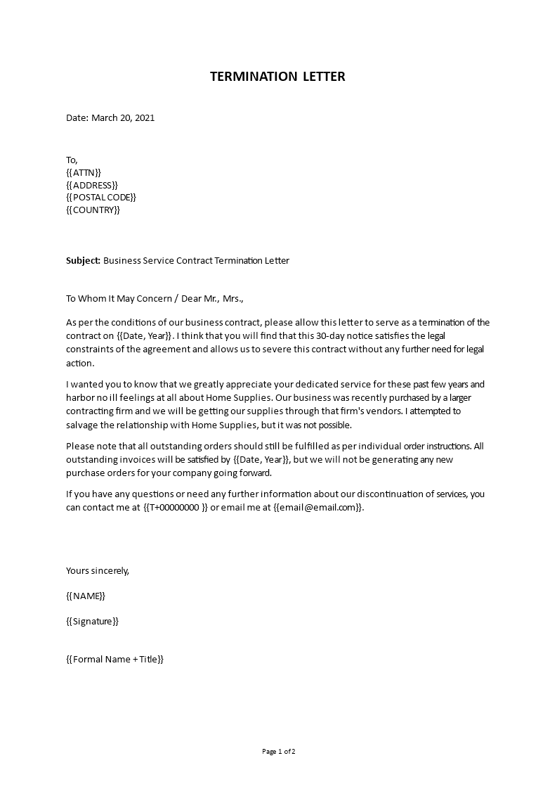 Business service contract termination letter