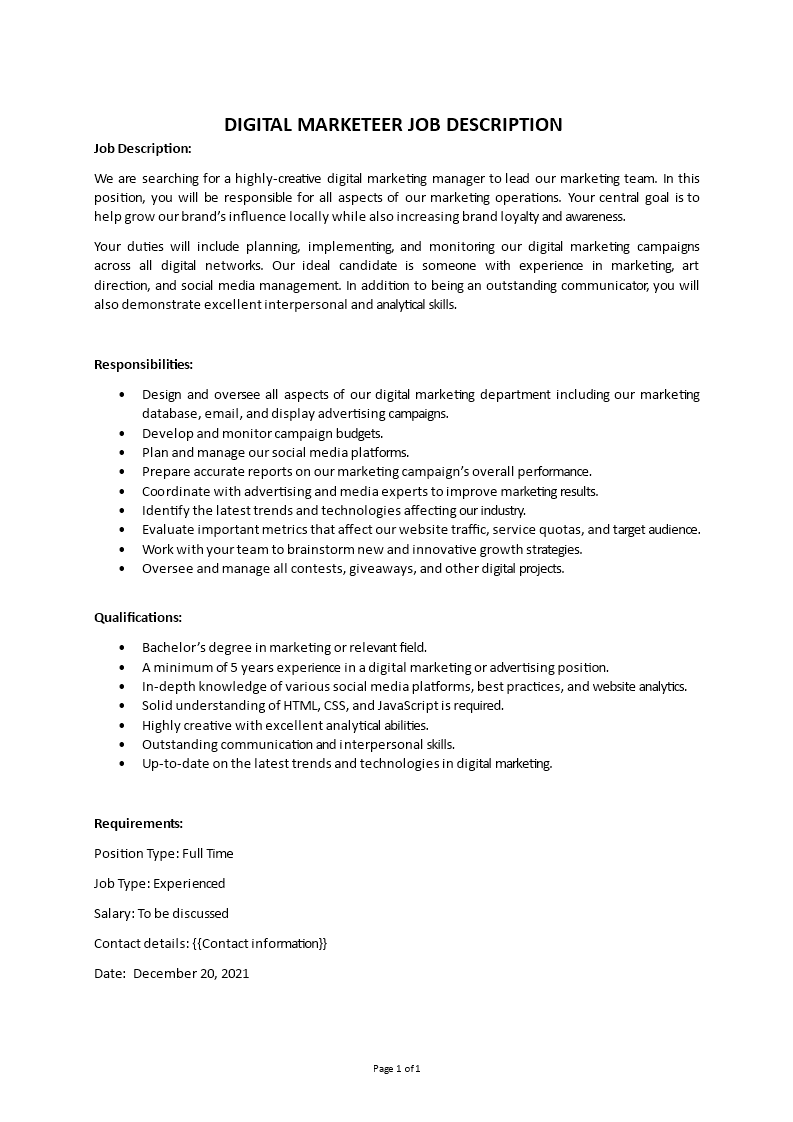 digital marketer job description template