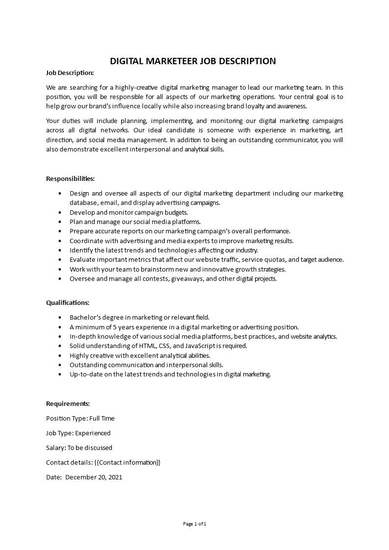 digital marketer job description