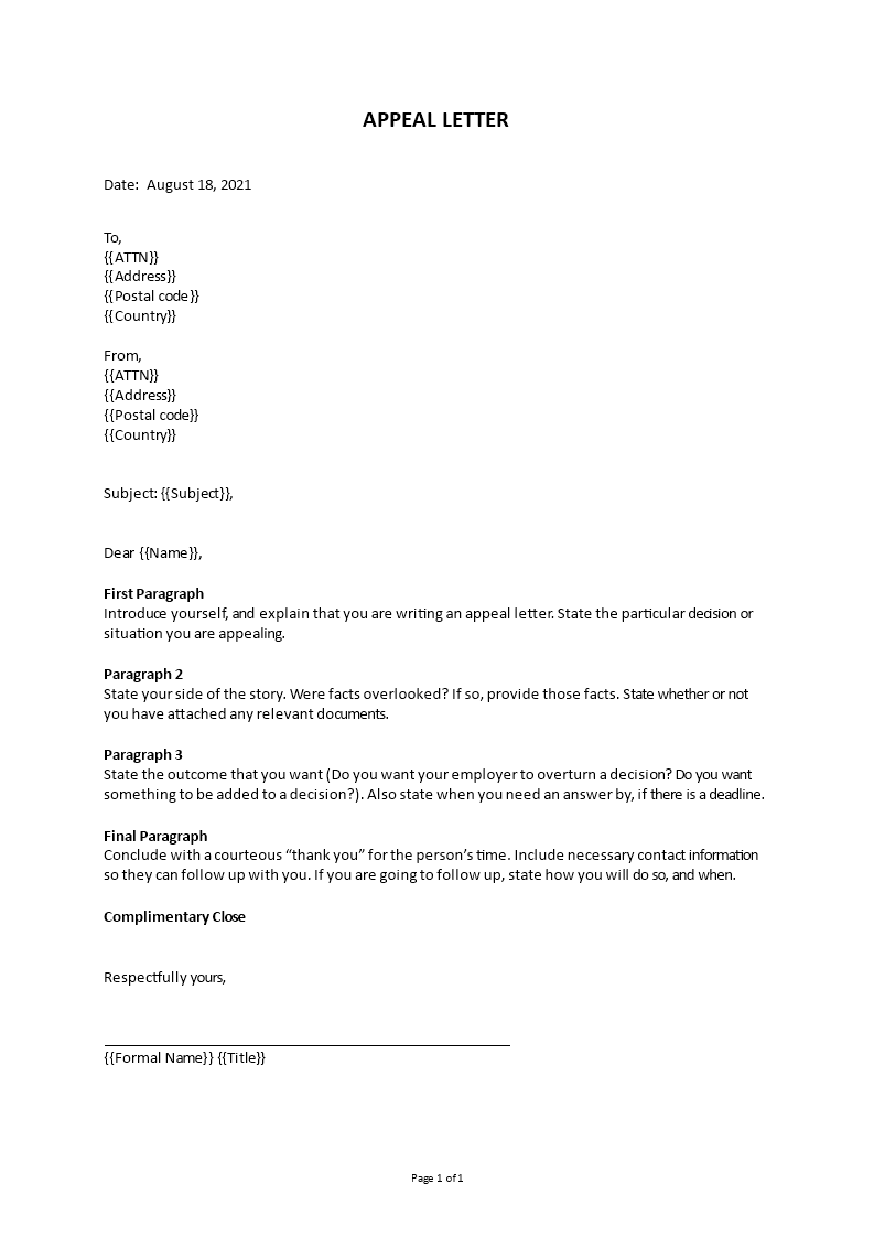 appeal letter template template