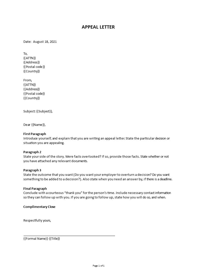 appeal letter template