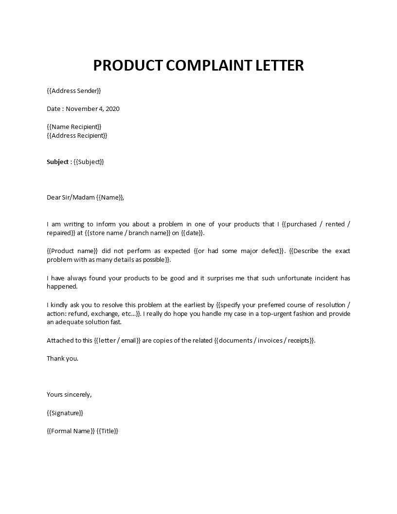 product complaint letter by customer