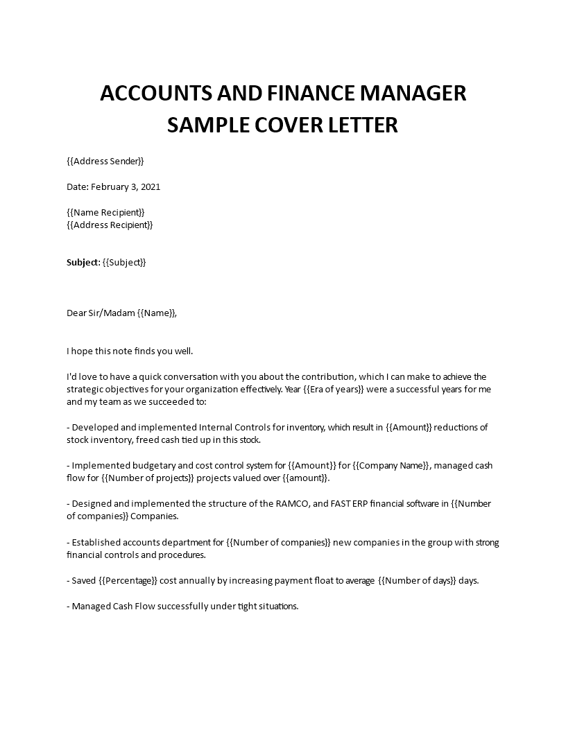 sample cover letter for finance and administration manager