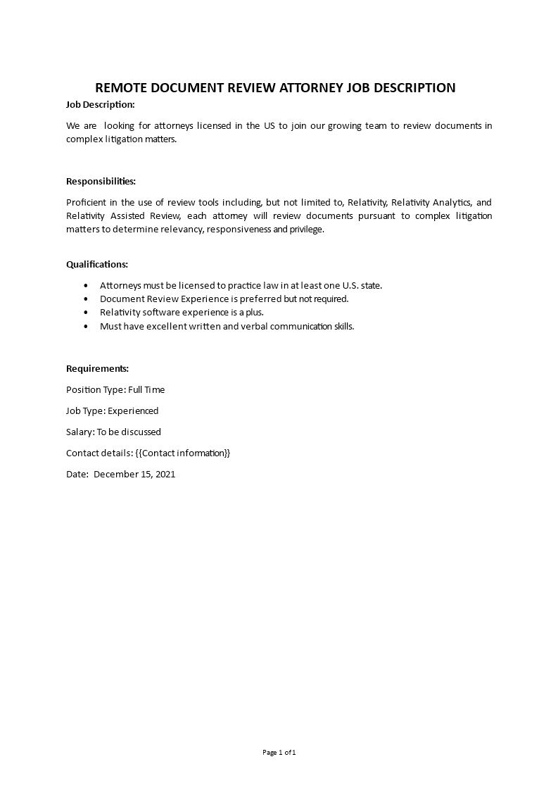 remote document review attorney job description Main Image remote document review attorney job description template