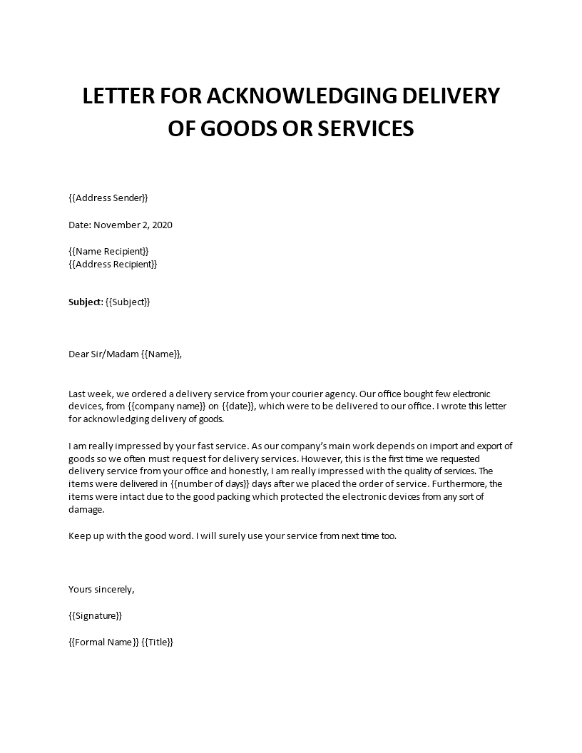 acknowledgement receipt letter of goods template