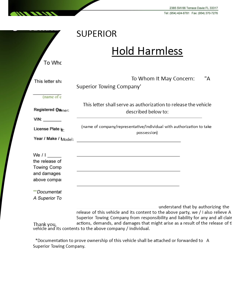 Download Hold Harmless Agreement Template for Company Vehicle Release Superior Towing